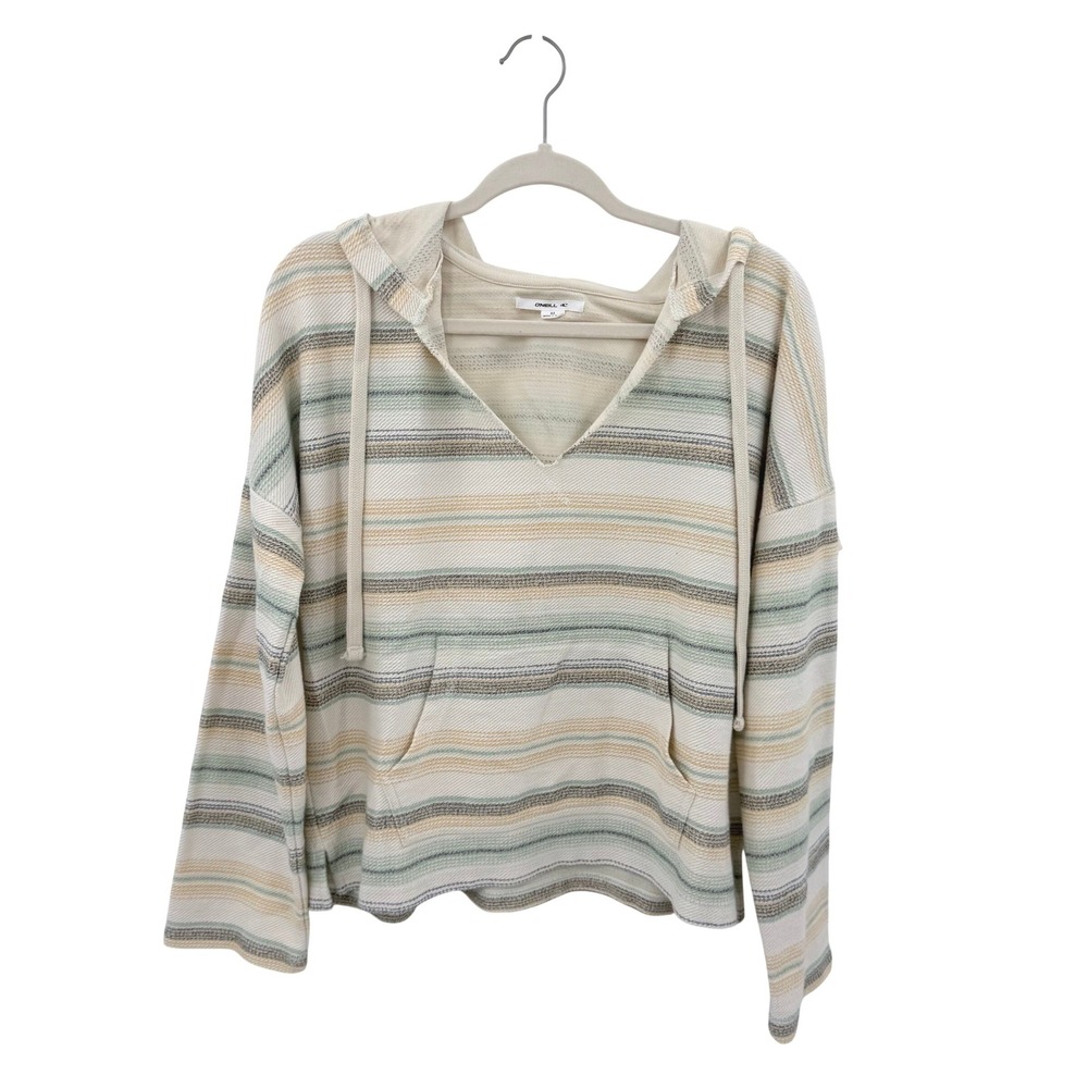 ONeill Womens Striped Baja Hoodie Cream Sage Mustard V-Neck Pullover Size M